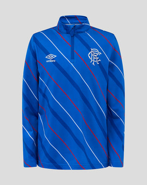 Rangers Junior 25/26 Home Matchday blue quarter zip top with diagonal red and white stripes and club crest