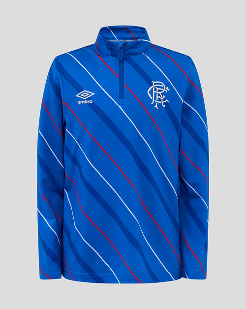 Rangers Junior 25/26 Home Matchday blue quarter zip top with diagonal red and white stripes and club crest