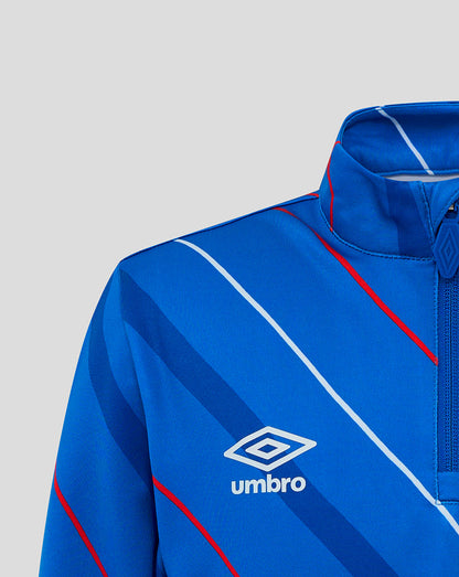 Rangers Junior 25/26 Home Matchday top close up of zipper Umbro logo and diagonal stripe pattern