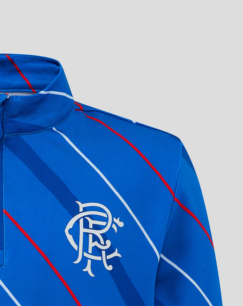 Rangers Junior 25/26 Home Matchday top close up of collar and embroidered club crest on blue fabric