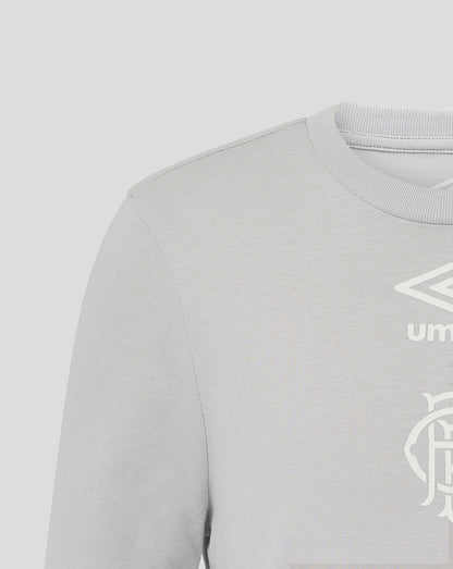 Close up of light gray tee showing ribbed neckline shoulder seam and partial Umbro logo