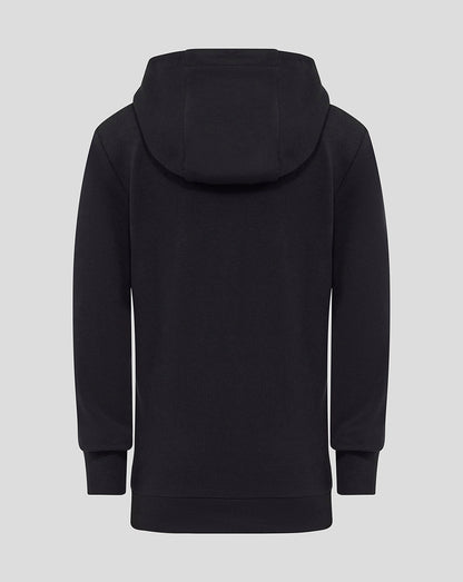Back view of a black Rangers juniors presentation hoodie with a hood, ribbed cuffs and hem