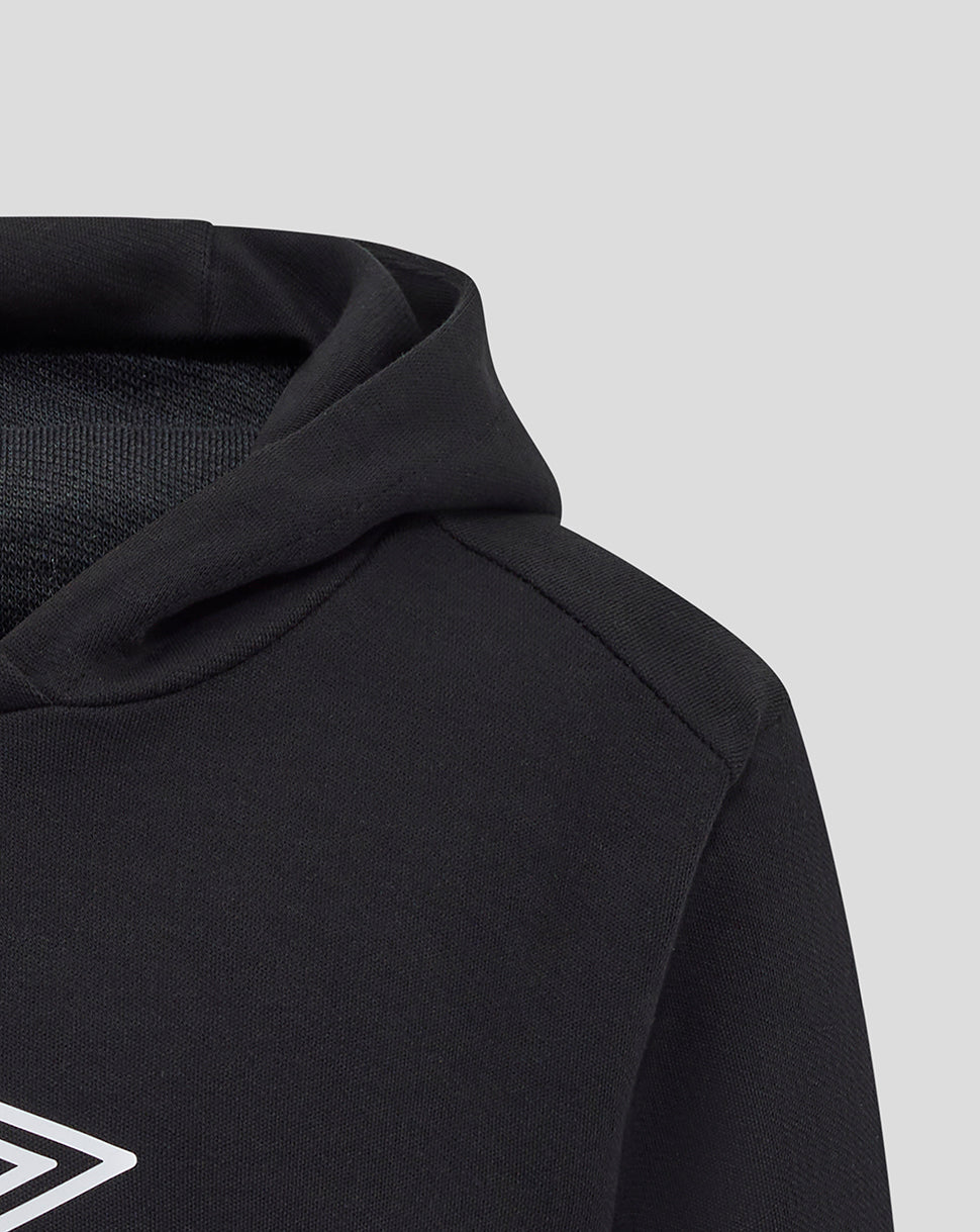 Hood edge and upper chest detail of the black caviar Rangers hoodie