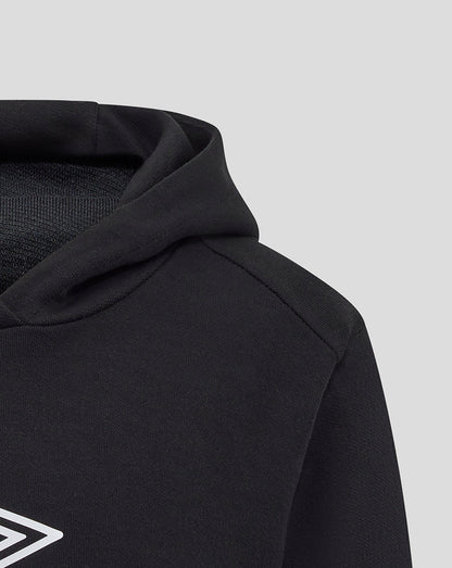 Hood edge and upper chest detail of the black caviar Rangers hoodie