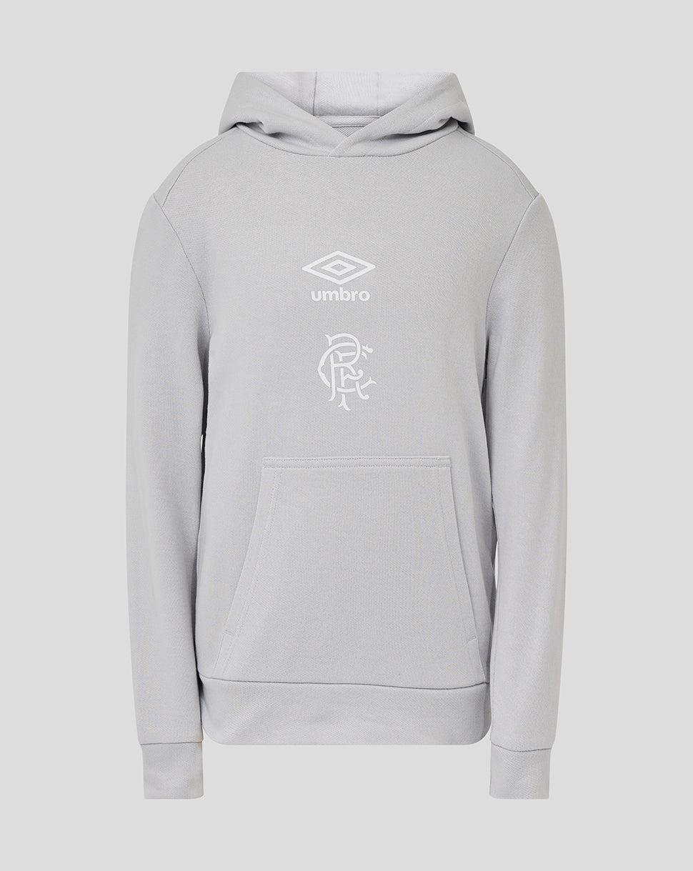Front view of light gray Microchip Rangers juniors hoodie featuring Umbro logo and club crest.