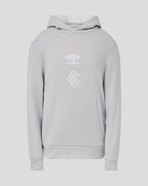 Front view of light gray Microchip Rangers juniors hoodie featuring Umbro logo and club crest.