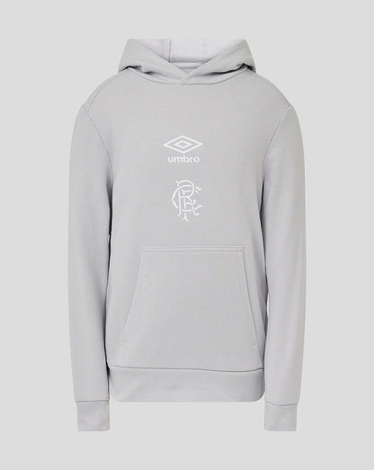 Front view of light gray Microchip Rangers juniors hoodie featuring Umbro logo and club crest.