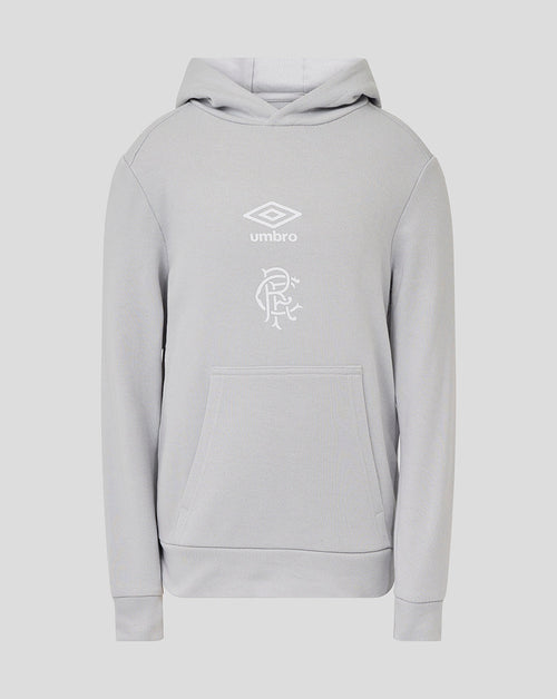 Front view of light gray Microchip Rangers juniors hoodie featuring Umbro logo and club crest.