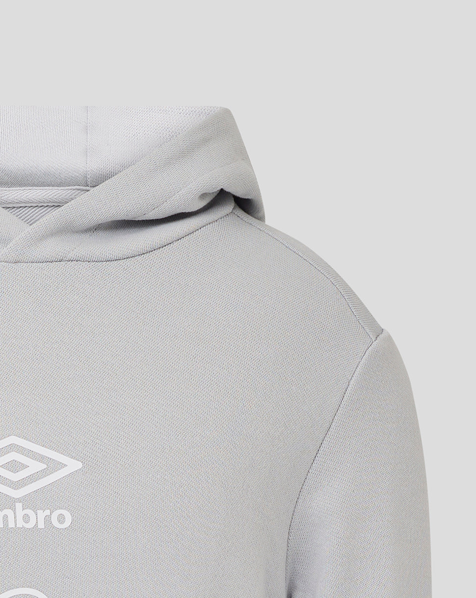 Close-up of light grey Rangers hoodie showing hood and shoulder with Umbro logo