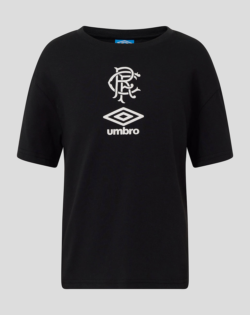Black Rangers junior short sleeve tee with white crest and Umbro logo on front.