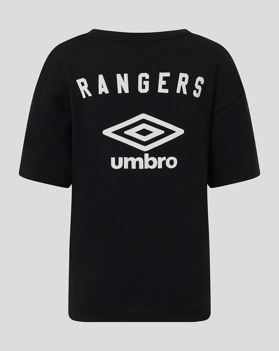 Back view of black Rangers junior tee with large white Rangers lettering and Umbro logo.