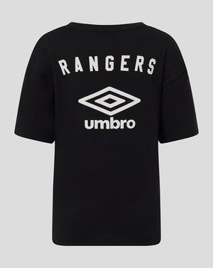 Back view of black Rangers junior tee with large white Rangers lettering and Umbro logo.