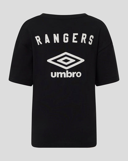 Back view of black Rangers junior tee with large white Rangers lettering and Umbro logo.