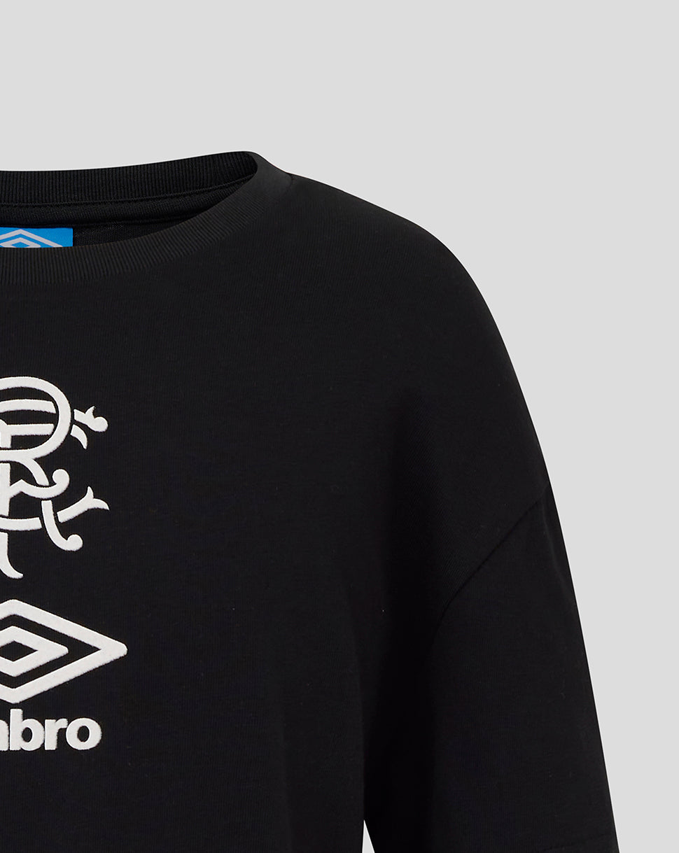 Rangers Junior travel short sleeve tee in black with white crest and Umbro logo