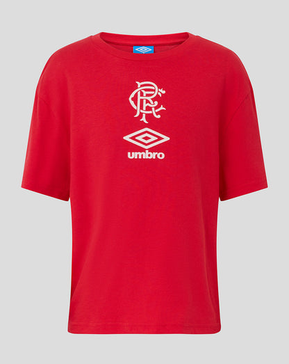 Front view of red Rangers travel short sleeve tee with white crest and Umbro logo