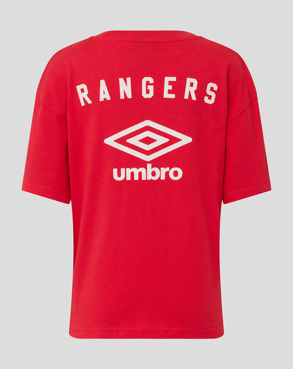 Back view of red Rangers travel short sleeve tee with RANGERS lettering and Umbro emblem