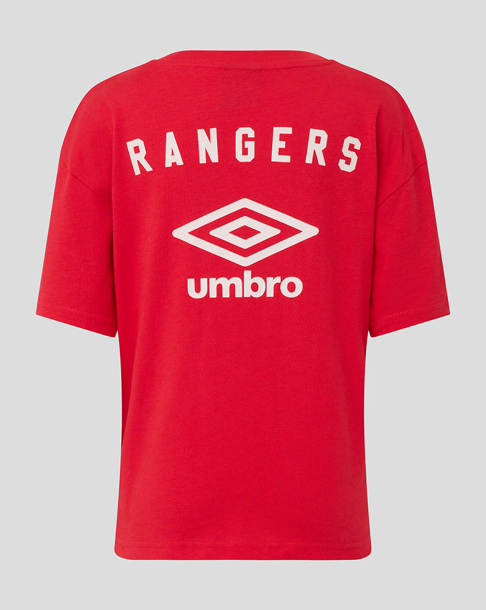 Red Rangers Junior Travel Short Sleeve Tee front view featuring white Rangers crest and Umbro logo