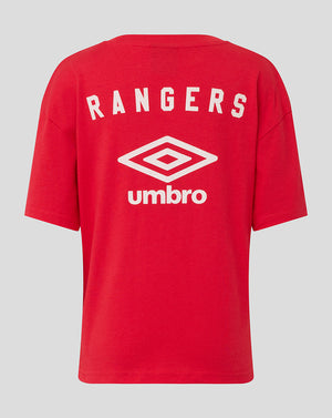 Red Rangers Junior Travel Short Sleeve Tee front view featuring white Rangers crest and Umbro logo