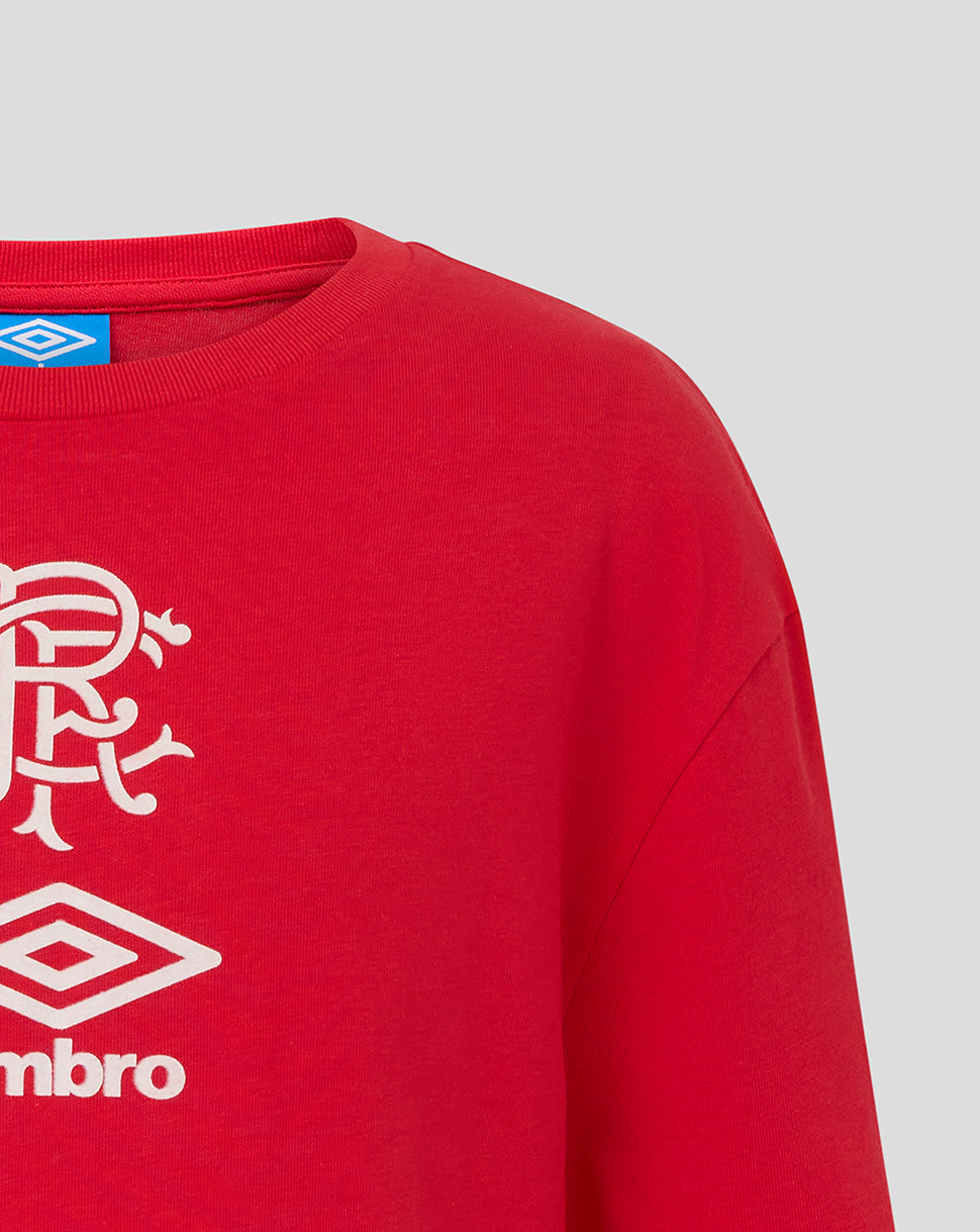Red Rangers short sleeve tee close up with white crest and Umbro logo on chest.