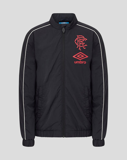 Front view of Rangers Junior travel track jacket in dark navy with red crest and Umbro logo