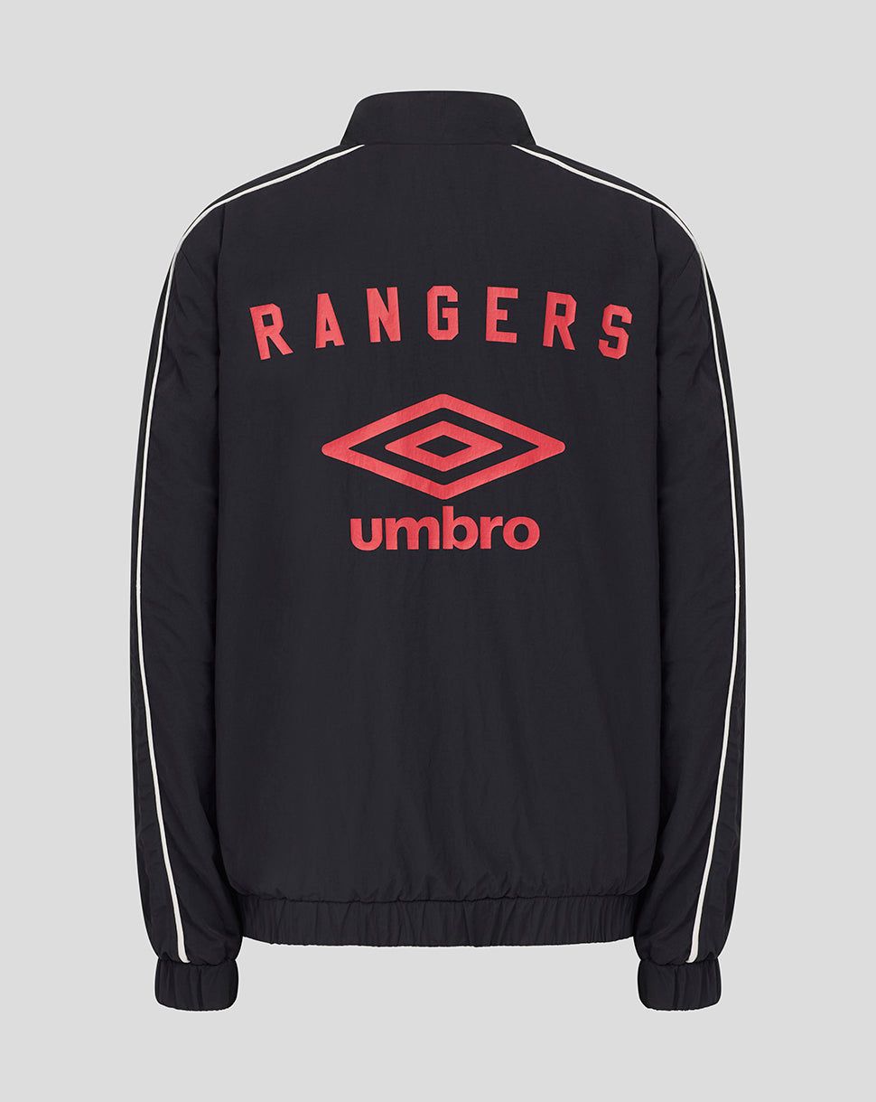 Back view of navy Rangers travel track jacket with red Umbro emblem and wordmark