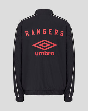 Back view of navy Rangers travel track jacket with red Umbro emblem and wordmark