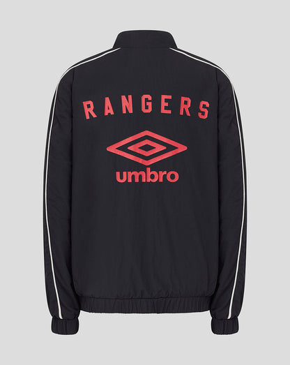 Back view of the black track jacket with large red Rangers lettering and Umbro emblem and white shoulder piping