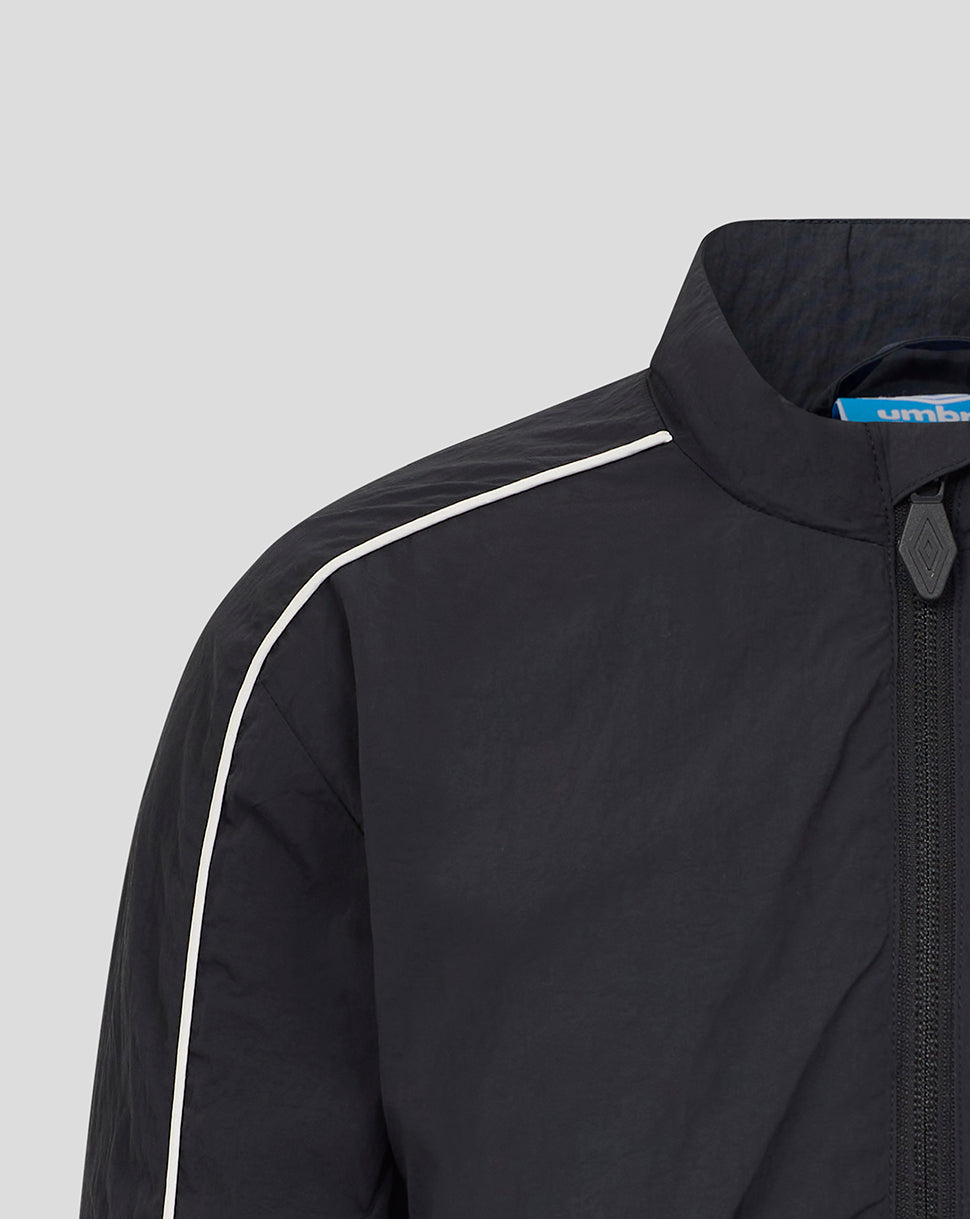 Close-up of the navy jacket shoulder and collar with white piping and zipper pull