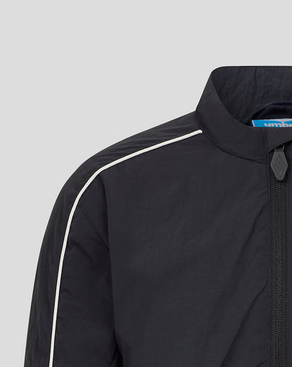 Close-up of the navy jacket shoulder and collar with white piping and zipper pull