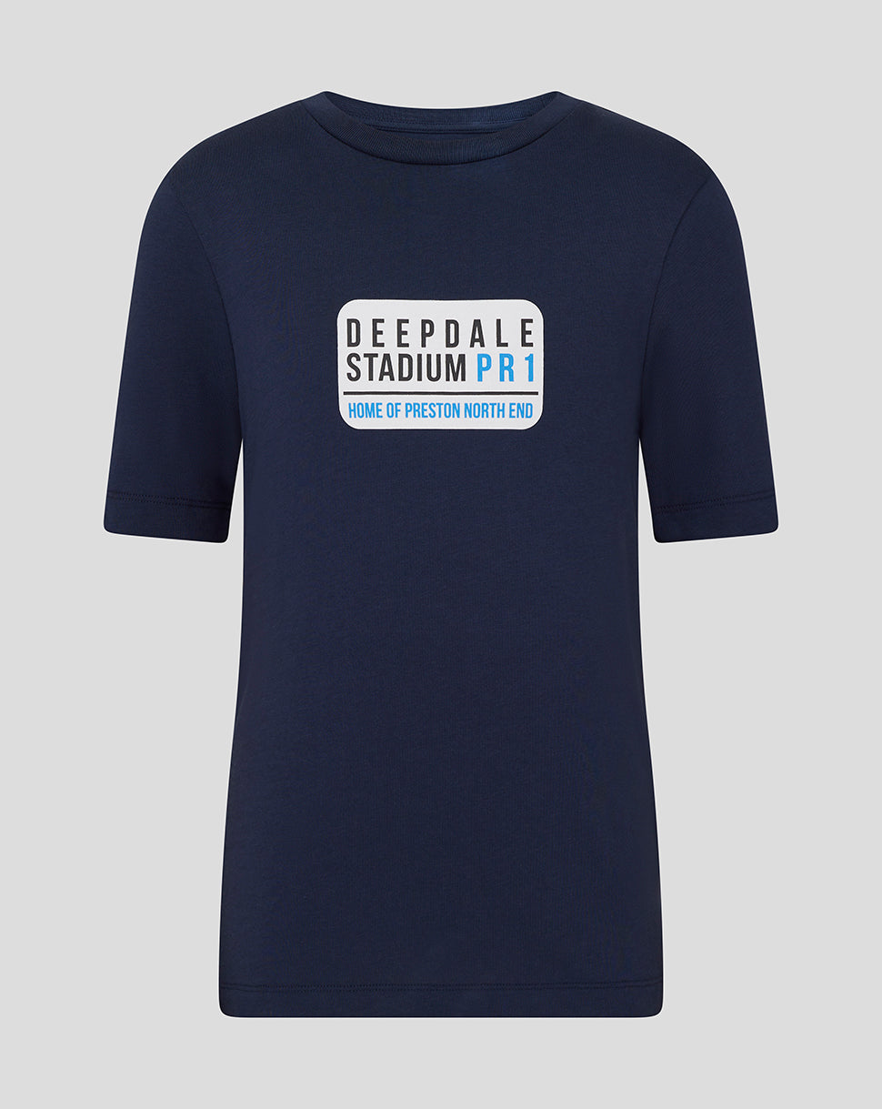 Navy Preston Junior Street Sign Tee front view with white sign graphic reading Deepdale Stadium PR1