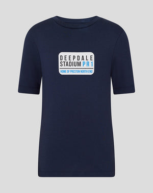 Navy Preston Junior Street Sign Tee front view with white sign graphic reading Deepdale Stadium PR1