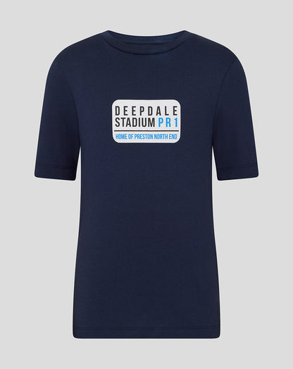 Navy Preston Junior Street Sign Tee front view with white sign graphic reading Deepdale Stadium PR1