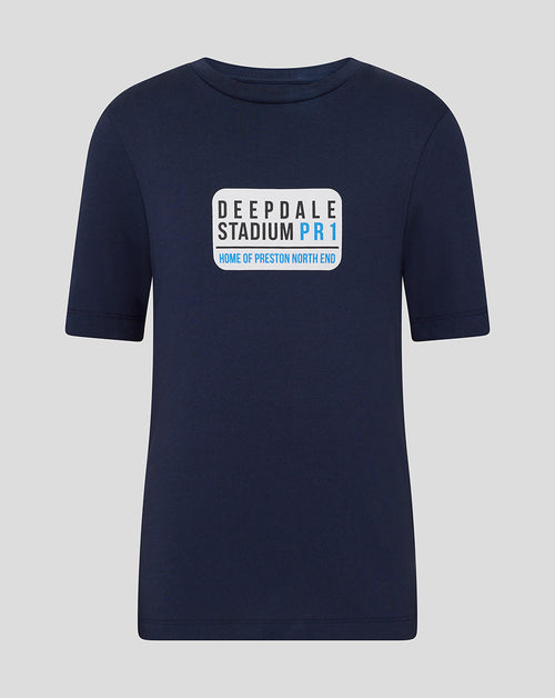 Navy Preston Junior Street Sign Tee front view with white sign graphic reading Deepdale Stadium PR1