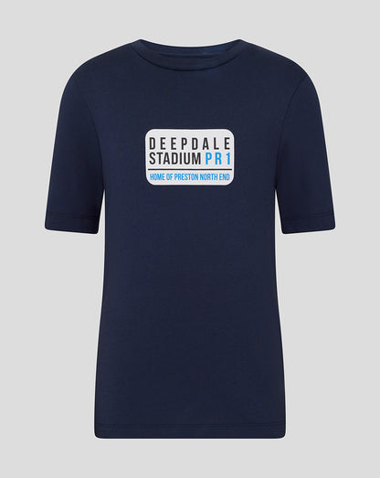 Front view of navy Preston Unisex Street Sign Tee with a white rectangular street sign graphic.