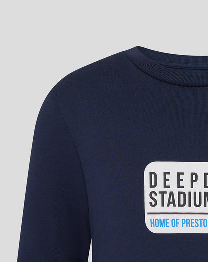 Close-up of navy Preston Junior Street Sign Tee showing shoulder seam and the chest street sign graphic
