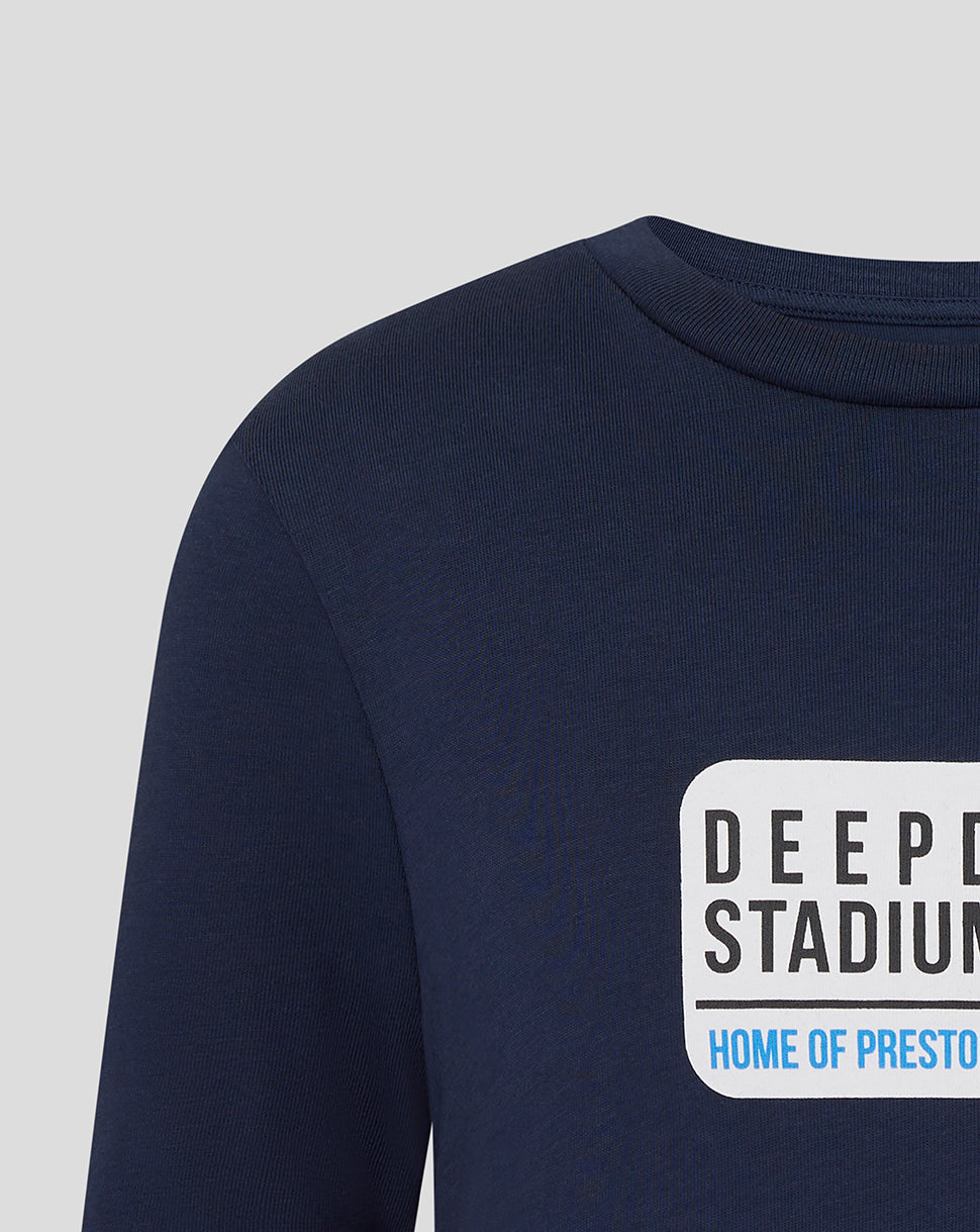 Navy Preston Street Sign Tee with Deepdale Stadium graphic and Home of Preston text on chest