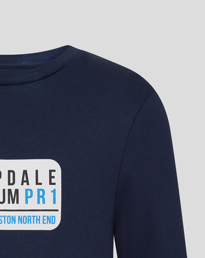Close-up of navy Preston Junior Street Sign Tee focusing on the lower portion of the white street sign graphic