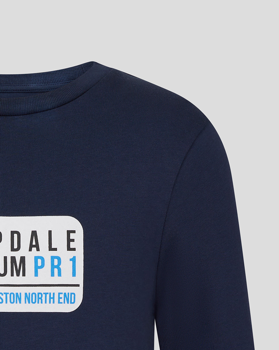 Close-up of the front graphic on the navy Preston Street Sign Tee showing Deepdale Stadium PR1 and related text.