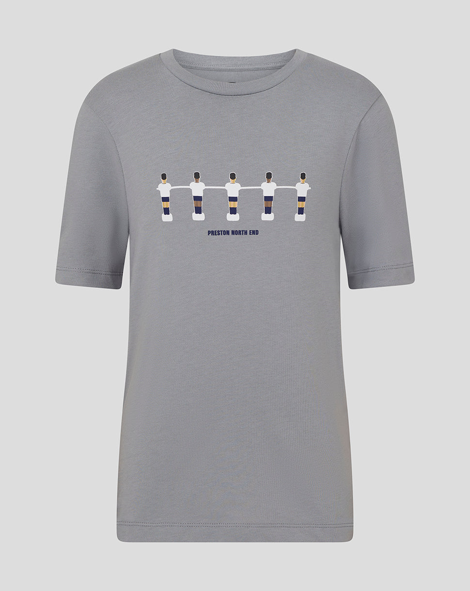 Gray Preston North End junior table football tee with five illustrated players and Preston North End text