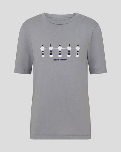 Gray Preston North End junior table football tee with five illustrated players and Preston North End text