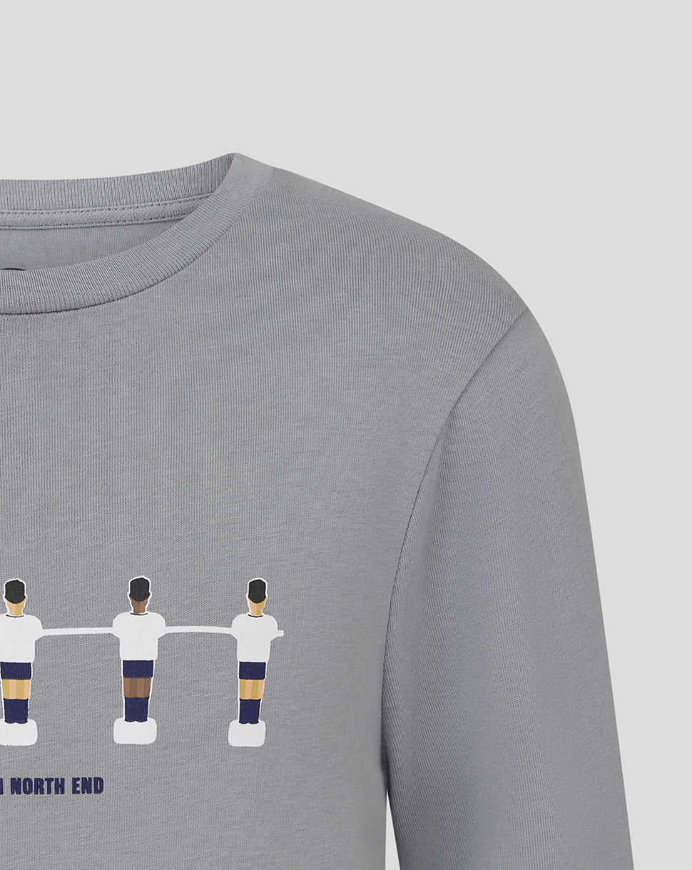 Light grey Preston junior table football tee with a row of connected foosball players across the chest.