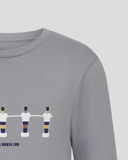 Light grey Preston junior table football tee with a row of connected foosball players across the chest.
