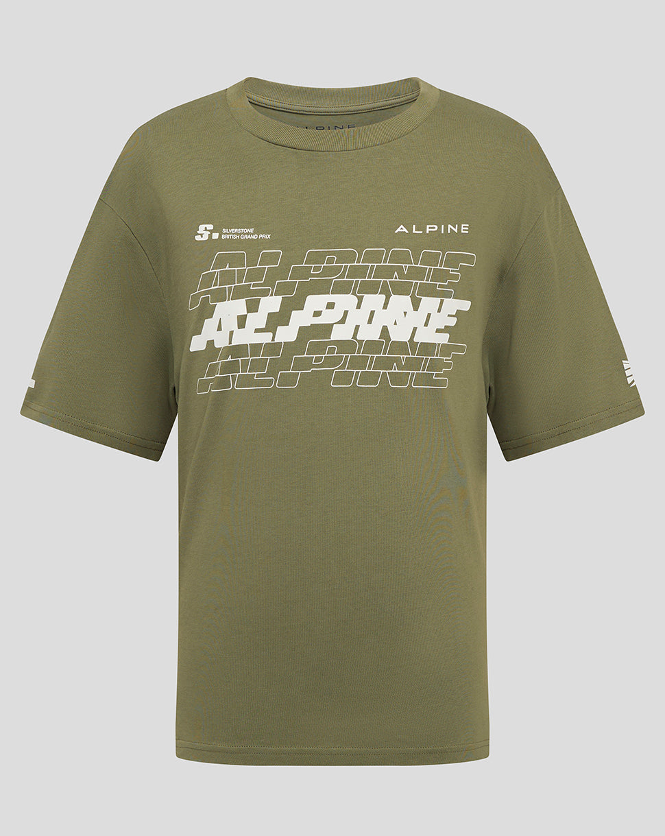 Front view of olive green Alpine Silverstone junior T-shirt with bold white graphic and branding