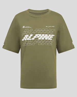 Front view of olive green Alpine Silverstone junior T-shirt with bold white graphic and branding