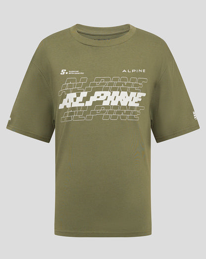 Front view of olive green Alpine Silverstone junior T-shirt with bold white graphic and branding