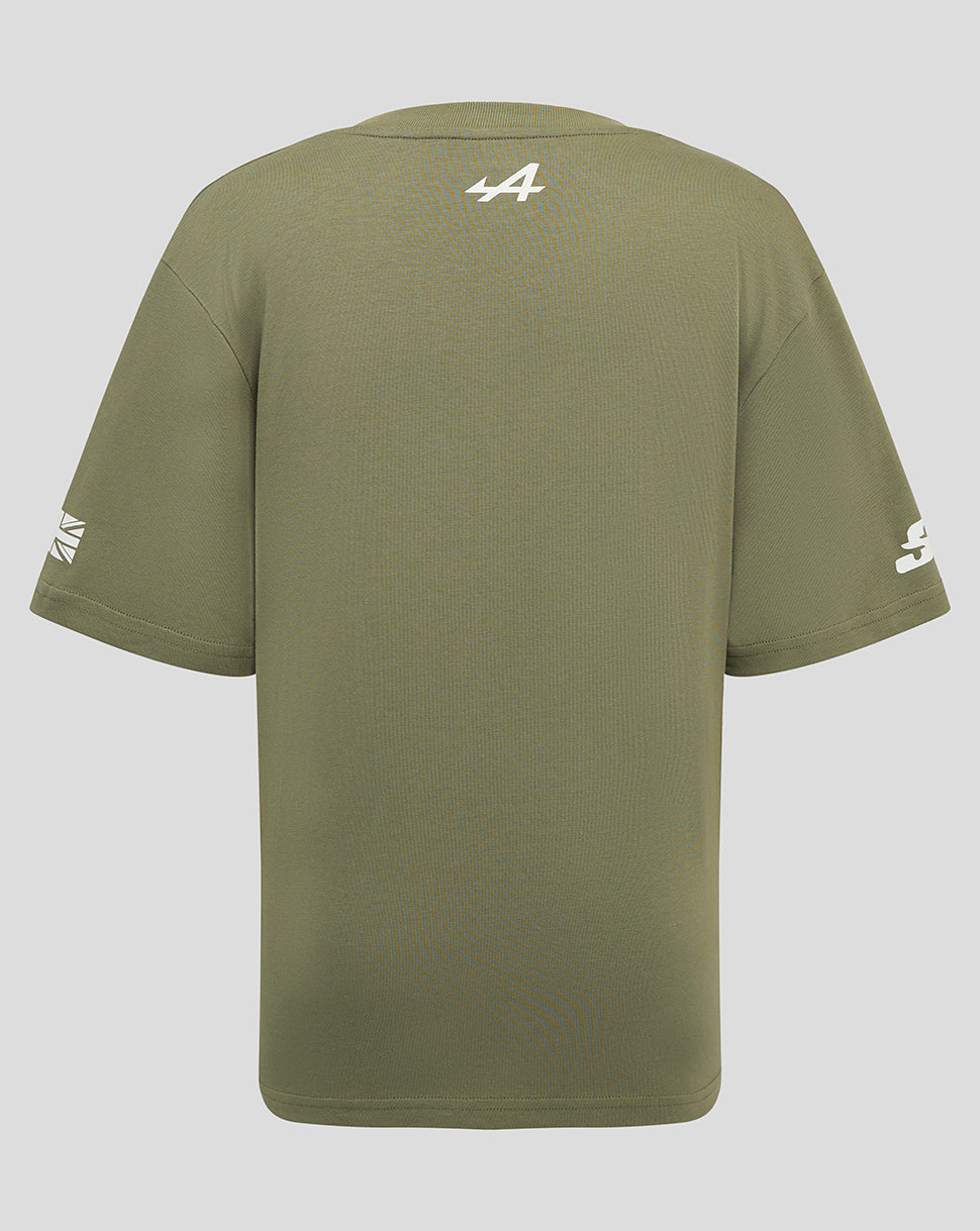 Back view of olive green Alpine Silverstone junior T-shirt with small white 44 graphic near the neckline and sleeve logos