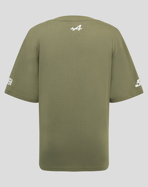 Back view of olive green Alpine Silverstone junior T-shirt with small white 44 graphic near the neckline and sleeve logos