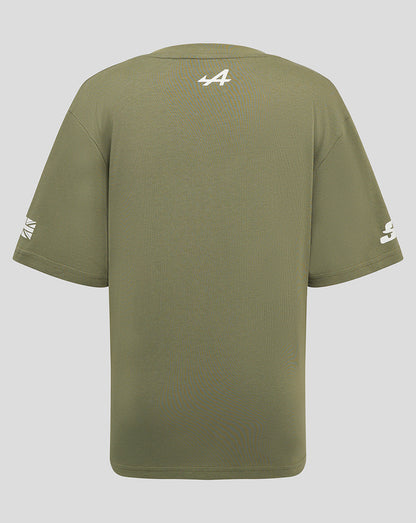 Back view of olive green Alpine Silverstone junior T-shirt with small white 44 graphic near the neckline and sleeve logos