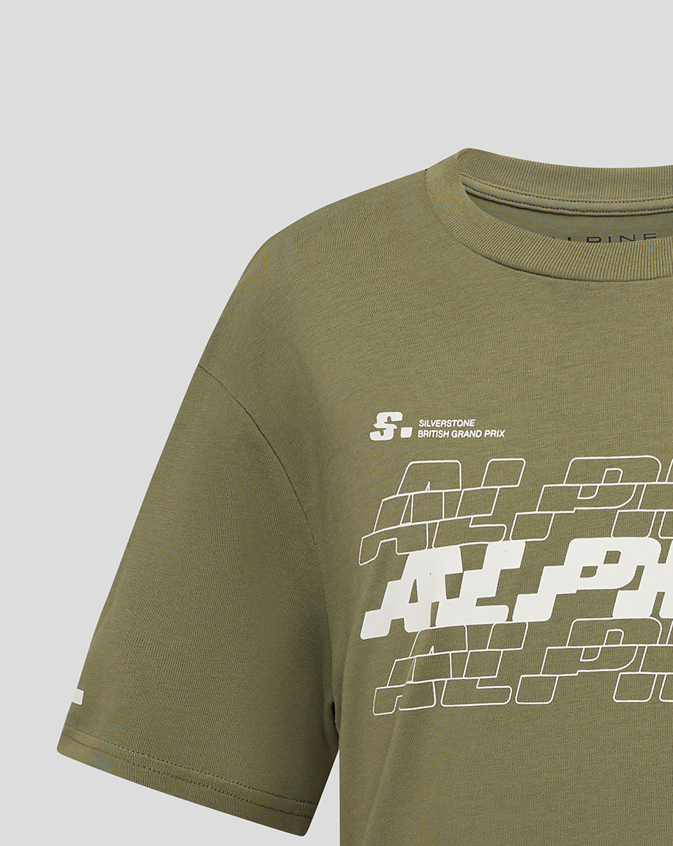 Front chest close up of olive green Alpine T shirt showing Silverstone British Grand Prix graphic and racing lines