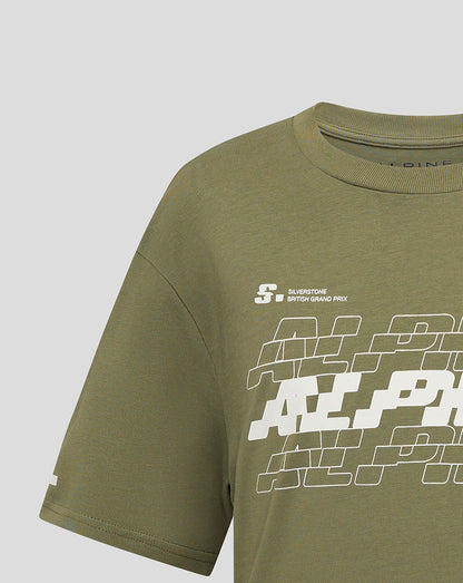 Front chest close up of olive green Alpine T shirt showing Silverstone British Grand Prix graphic and racing lines